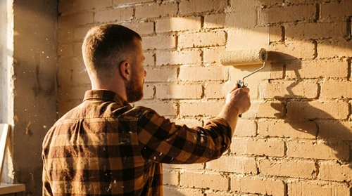 Drei Putzschichten an einer Wand, sichtbar gespachtelt