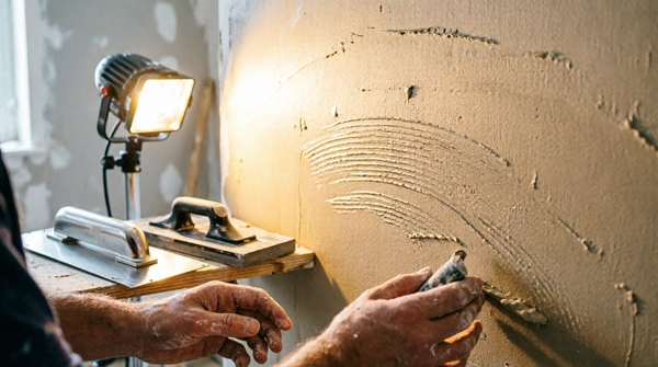 Spachtel und Glättkelle auf frisch gespachtelter Wand im warmen Licht