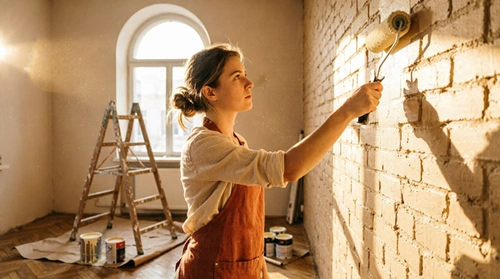Maler rolle streicht warme Farbe an abgeklebter Wand